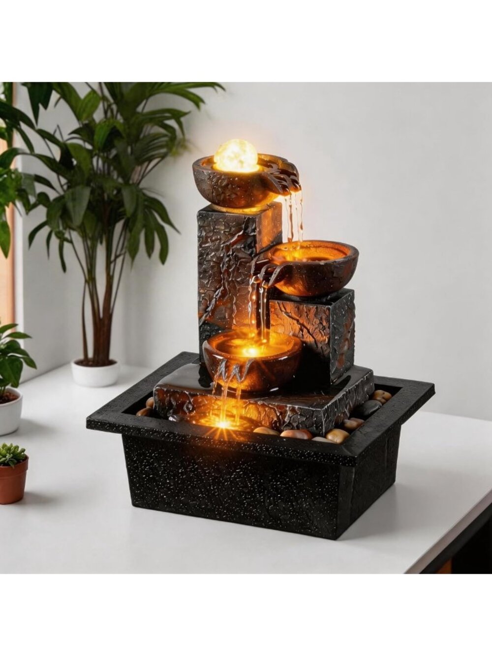 Zen Mini Tabletop Fountain with Rotating Ball, LED Light & Pebbles - Indoor